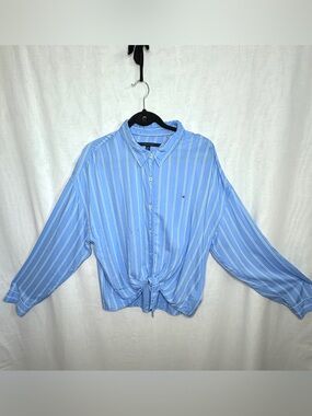 Tommy Hilfiger Blue Striped Tie-Front Button-Down Shirt | XXL